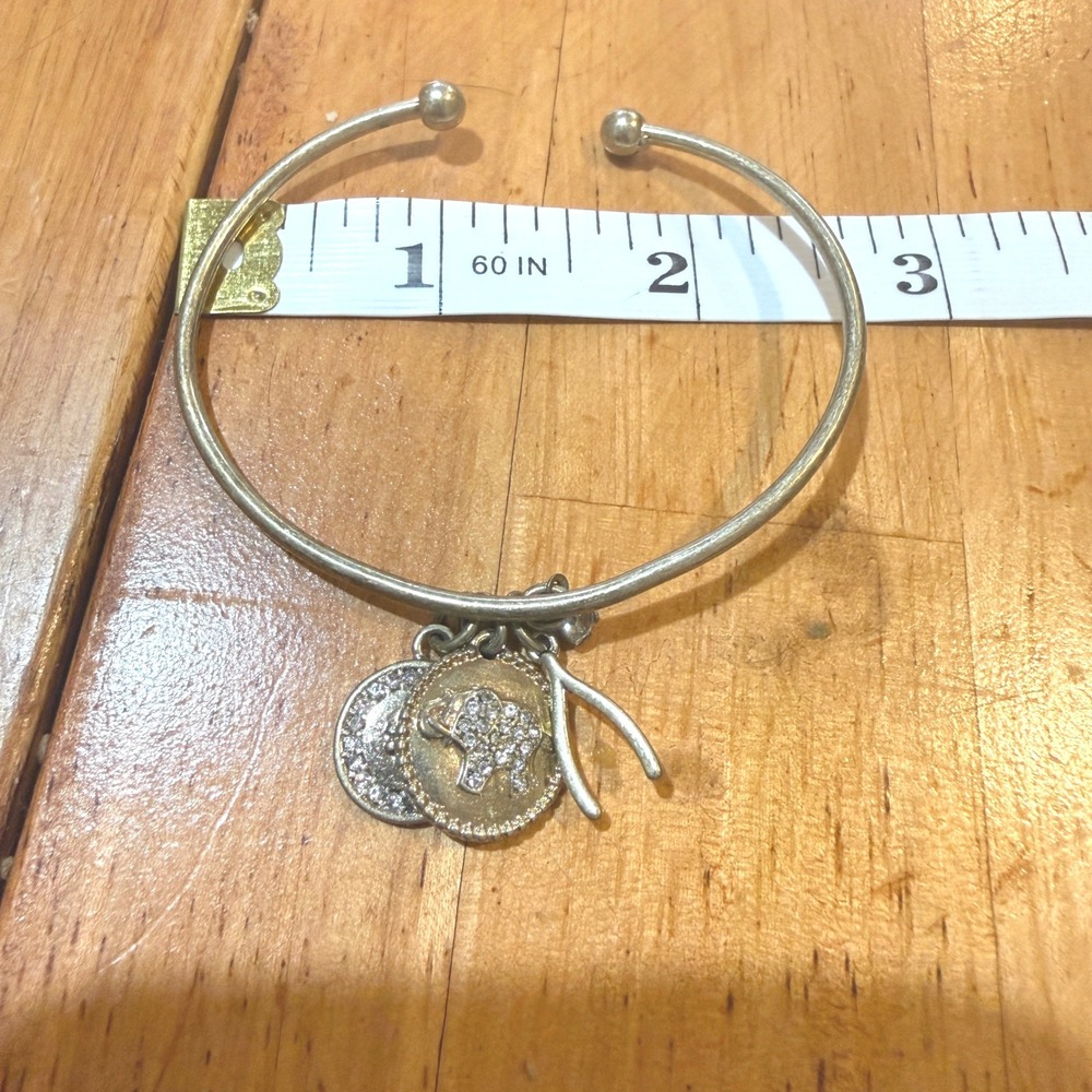 Silver Tone Cuff Bracelet Elephant Wishbone Sunburst Charms Pave Crystal Accent